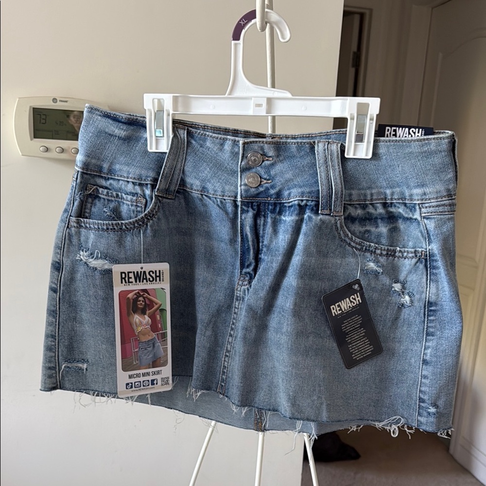 Rewash Light Blue Distressed Denim Mini Skirt with Frayed Hem